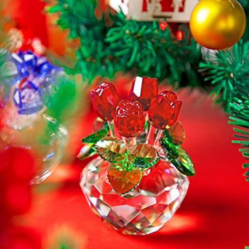 Red Rose Figurine Ornament Spring Bouquet Crystal Glass Flowers Gift-Boxed